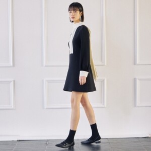 타브 Color Block long Scarf Dress-Black TAV